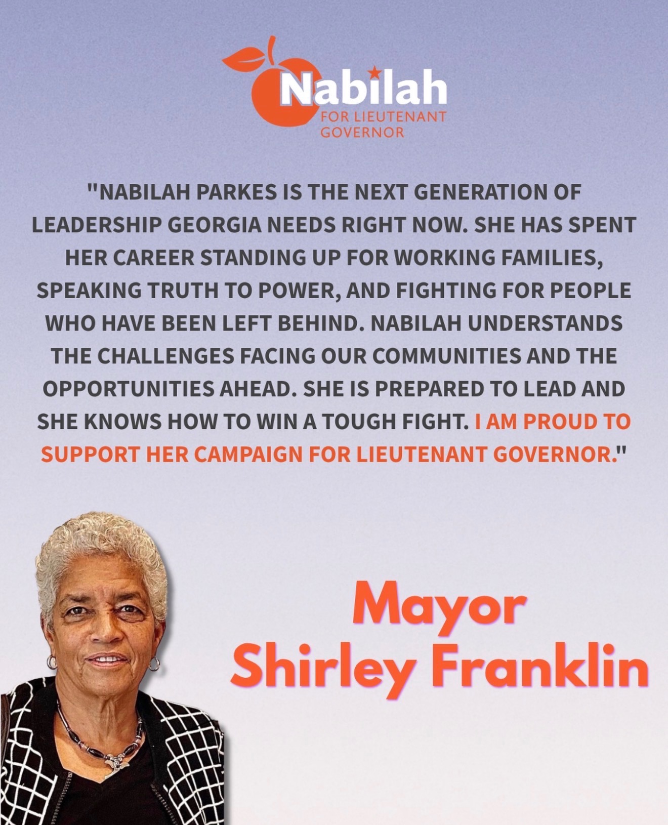 Mayor Shirley Franklin endorsement for Nabilah Parkes